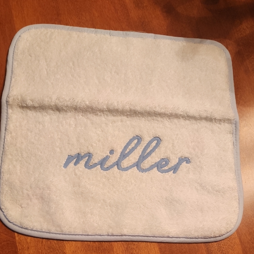 Monogrammed 'Miller' White Wash Towel with Light Blue Trim